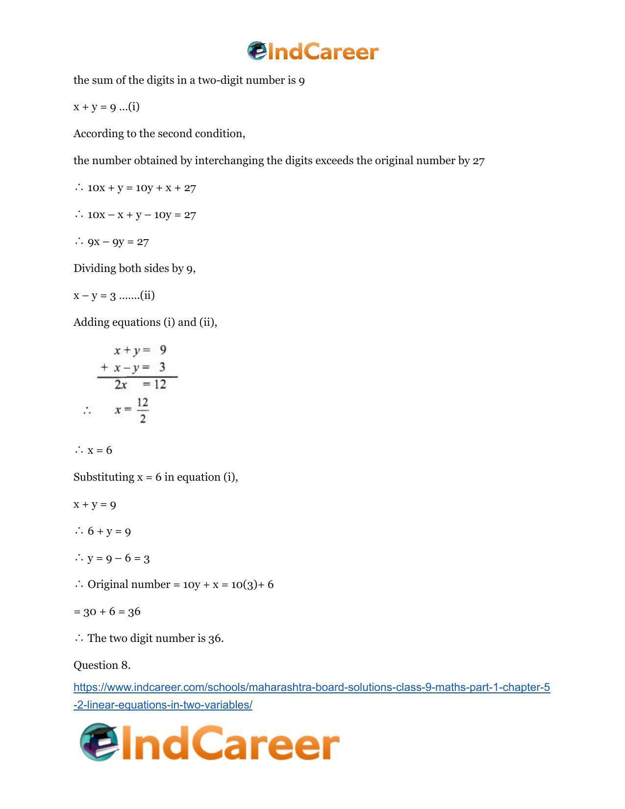 Maharashtra Board Solutions Class 9-Maths (Part 1): Chapter 5.2- Linear Equations in Two Variables - Page 10