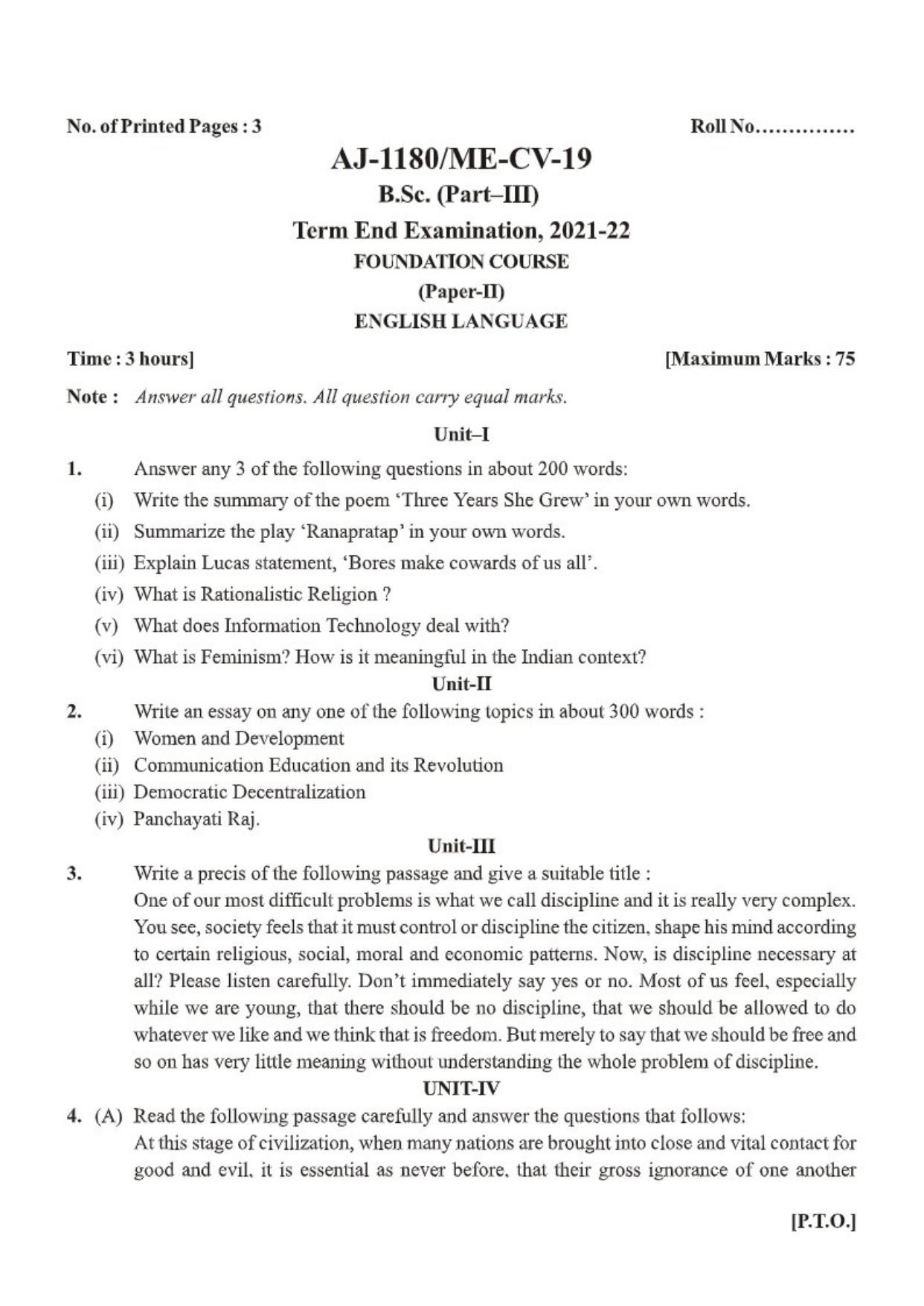 Bilaspur University Question Paper 2021-2022:B. Sc. Part-III (Three)  FC: English Language Paper 1  - Page 1