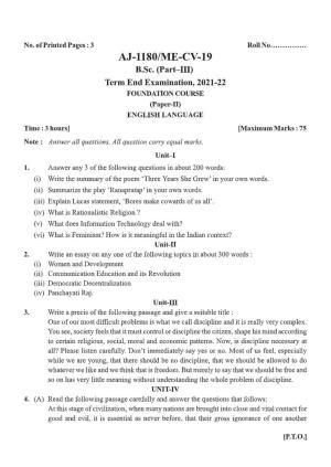 Bilaspur University Question Paper 2021-2022:B. Sc. Part-III (Three)  FC: English Language Paper 1 