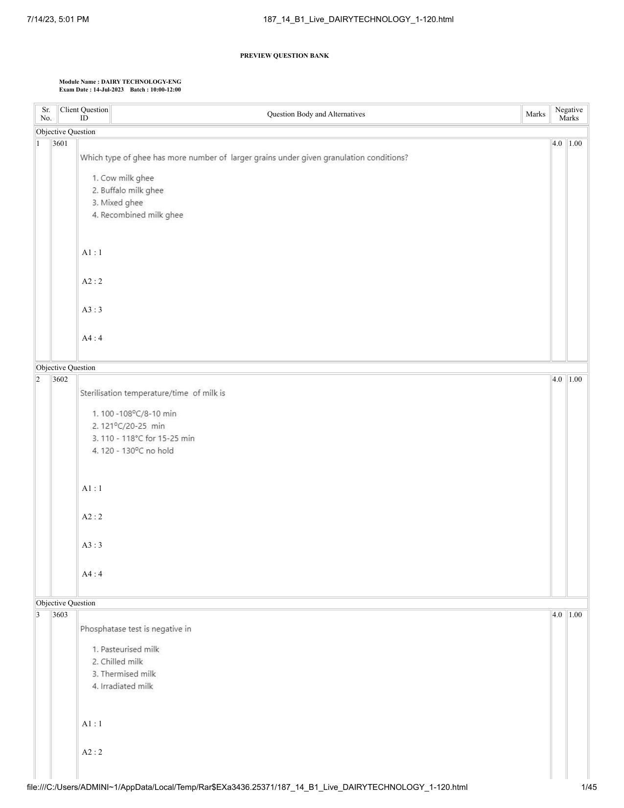 ICAR AIEEA PG 2023 DAIRY TECHNOLOGY Question Paper- 14 July 2023 - Page 1