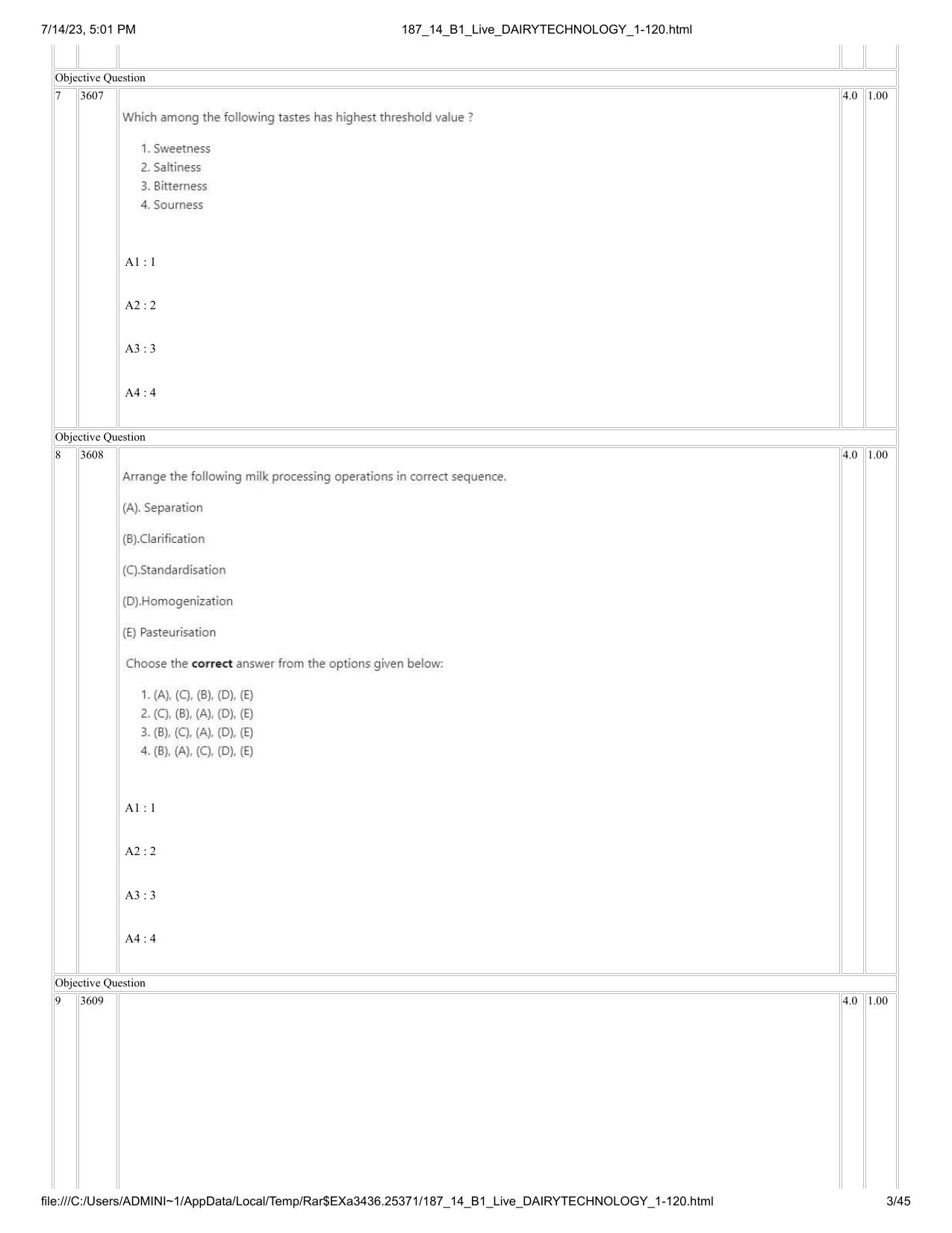 ICAR AIEEA PG 2023 DAIRY TECHNOLOGY Question Paper- 14 July 2023 - Page 3