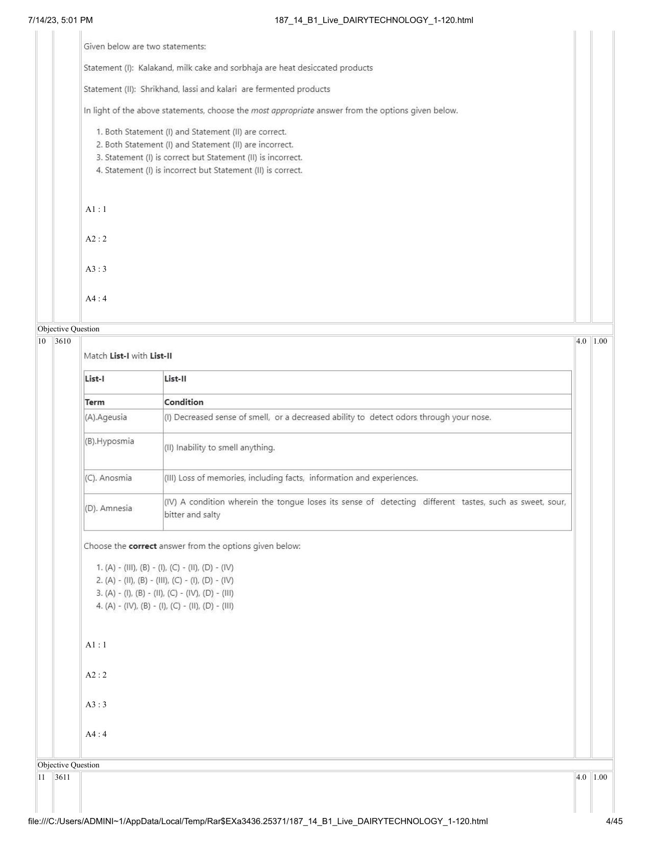 ICAR AIEEA PG 2023 DAIRY TECHNOLOGY Question Paper- 14 July 2023 - Page 4