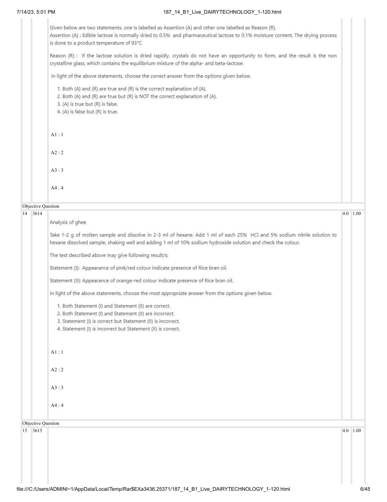 ICAR AIEEA PG 2023 DAIRY TECHNOLOGY Question Paper- 14 July 2023 - Page 6