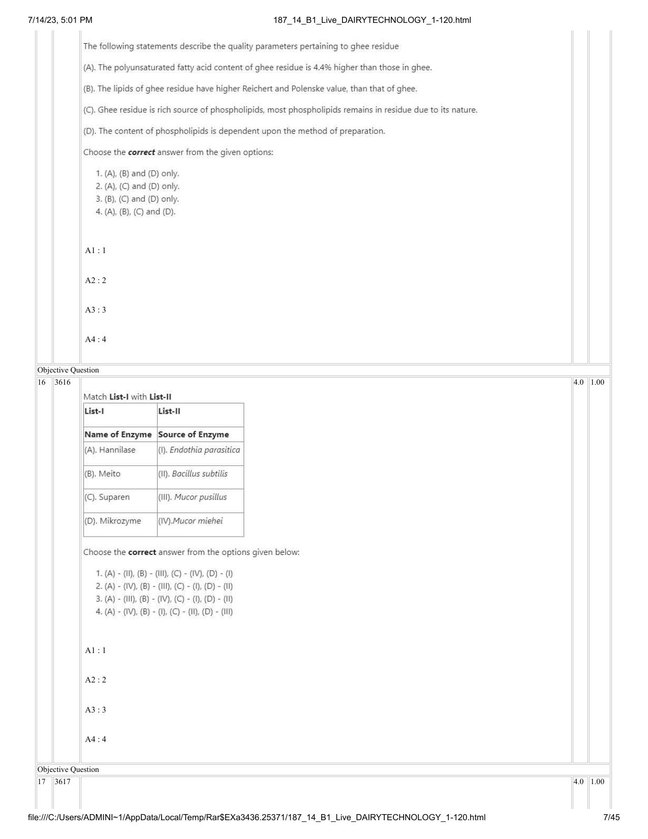 ICAR AIEEA PG 2023 DAIRY TECHNOLOGY Question Paper- 14 July 2023 - Page 7