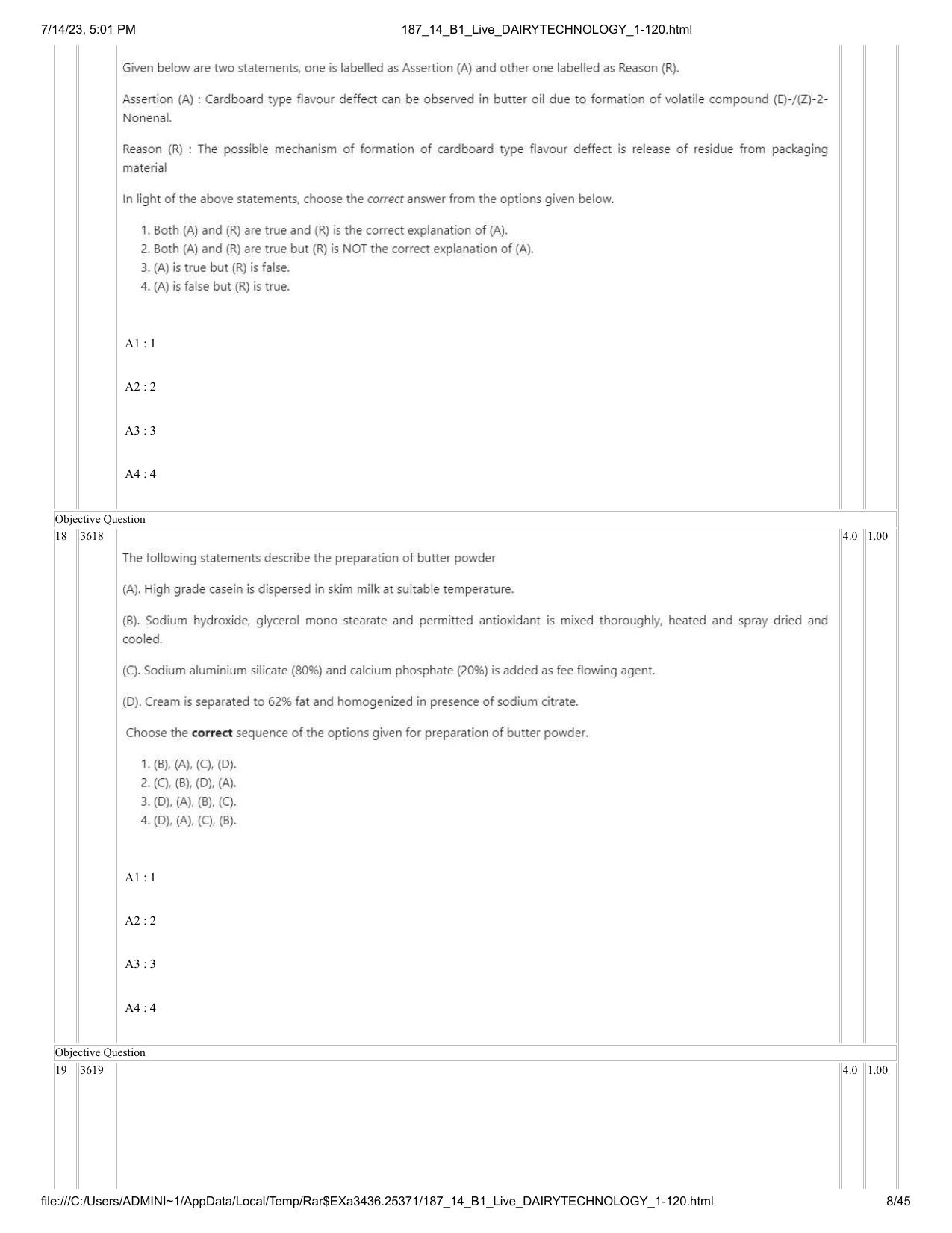 ICAR AIEEA PG 2023 DAIRY TECHNOLOGY Question Paper- 14 July 2023 - Page 8