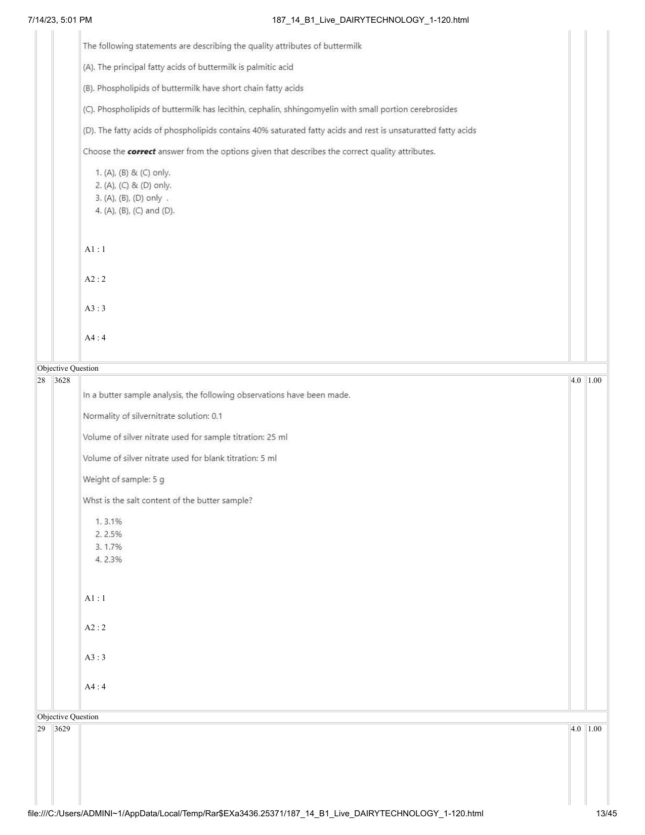 ICAR AIEEA PG 2023 DAIRY TECHNOLOGY Question Paper- 14 July 2023 - Page 13