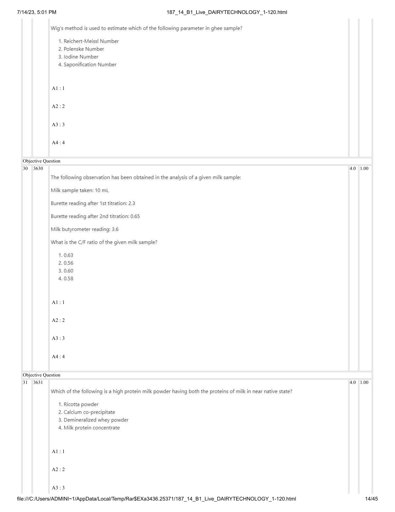 ICAR AIEEA PG 2023 DAIRY TECHNOLOGY Question Paper- 14 July 2023 - Page 14