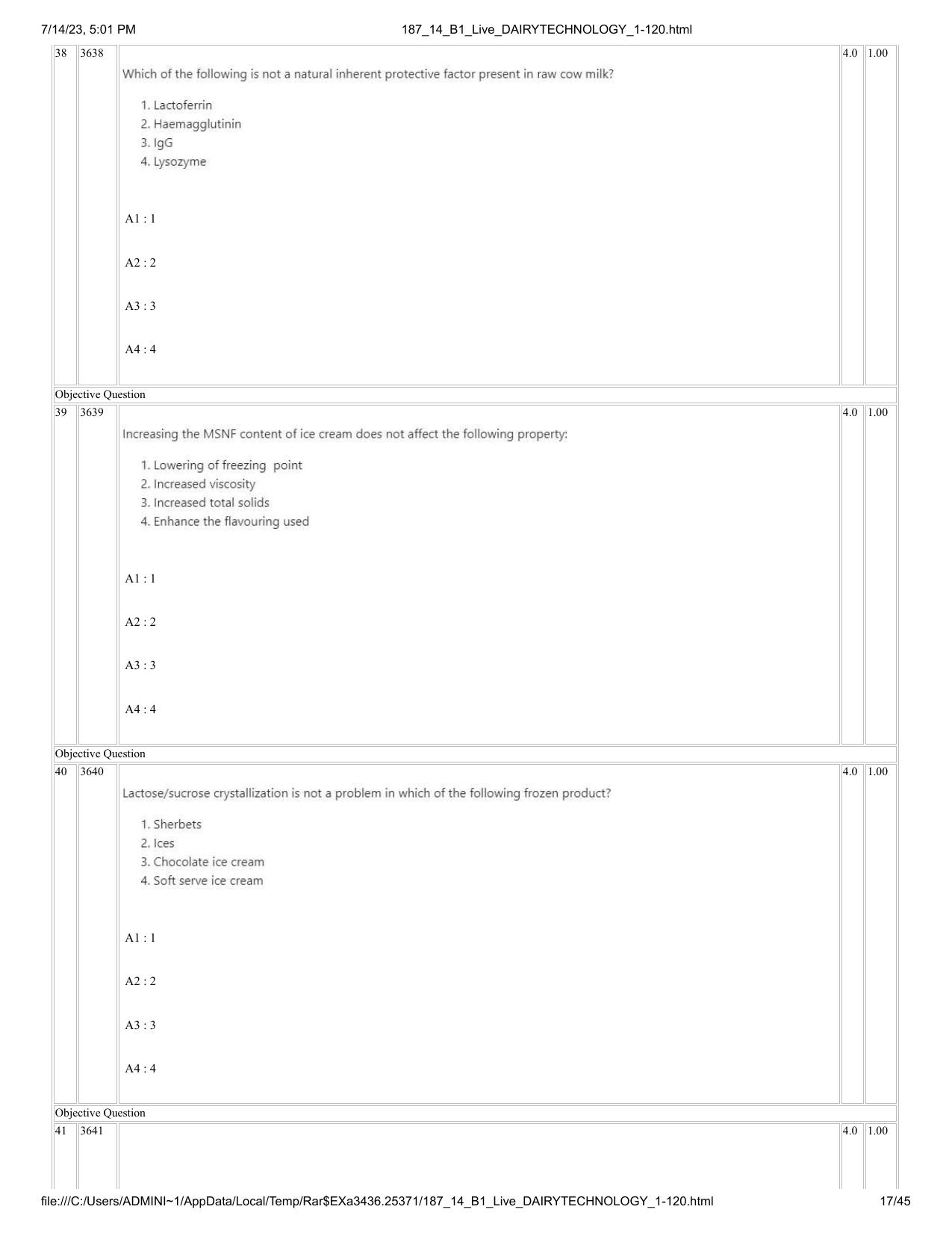 ICAR AIEEA PG 2023 DAIRY TECHNOLOGY Question Paper- 14 July 2023 - Page 17