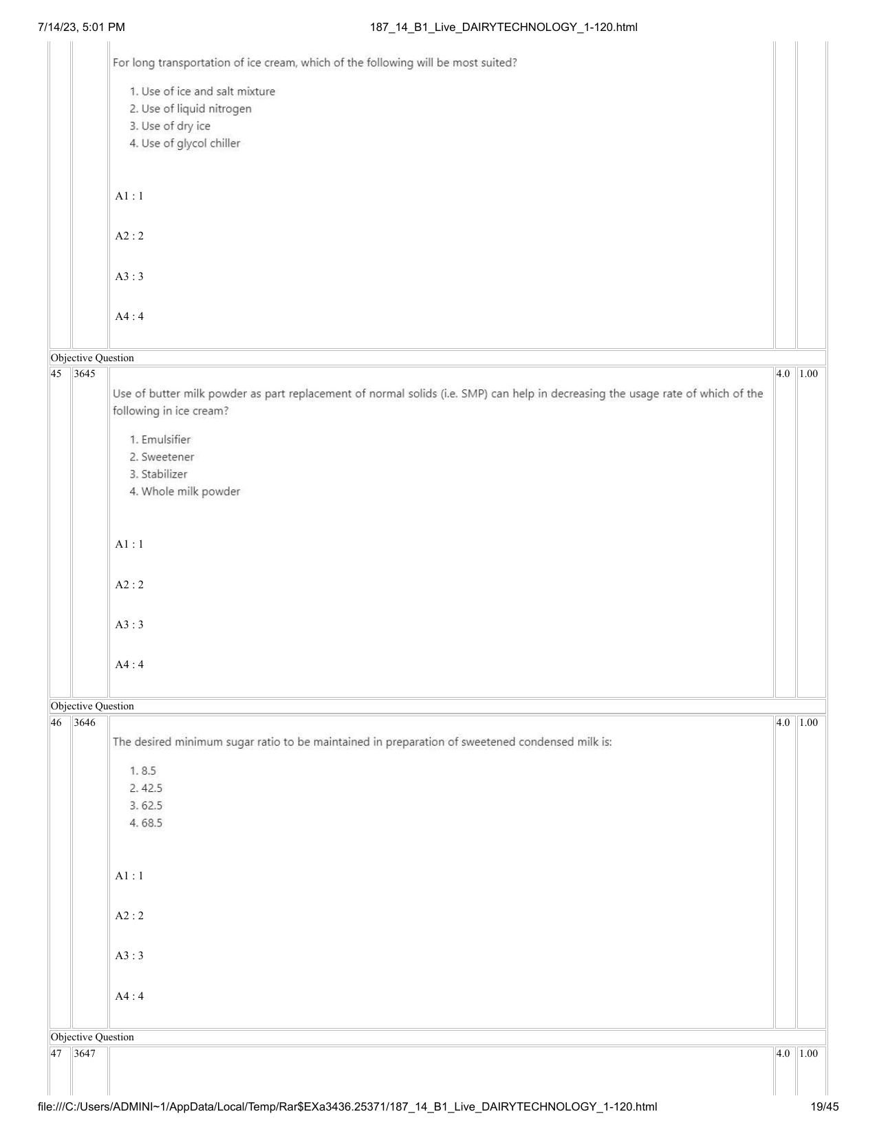 ICAR AIEEA PG 2023 DAIRY TECHNOLOGY Question Paper- 14 July 2023 - Page 19