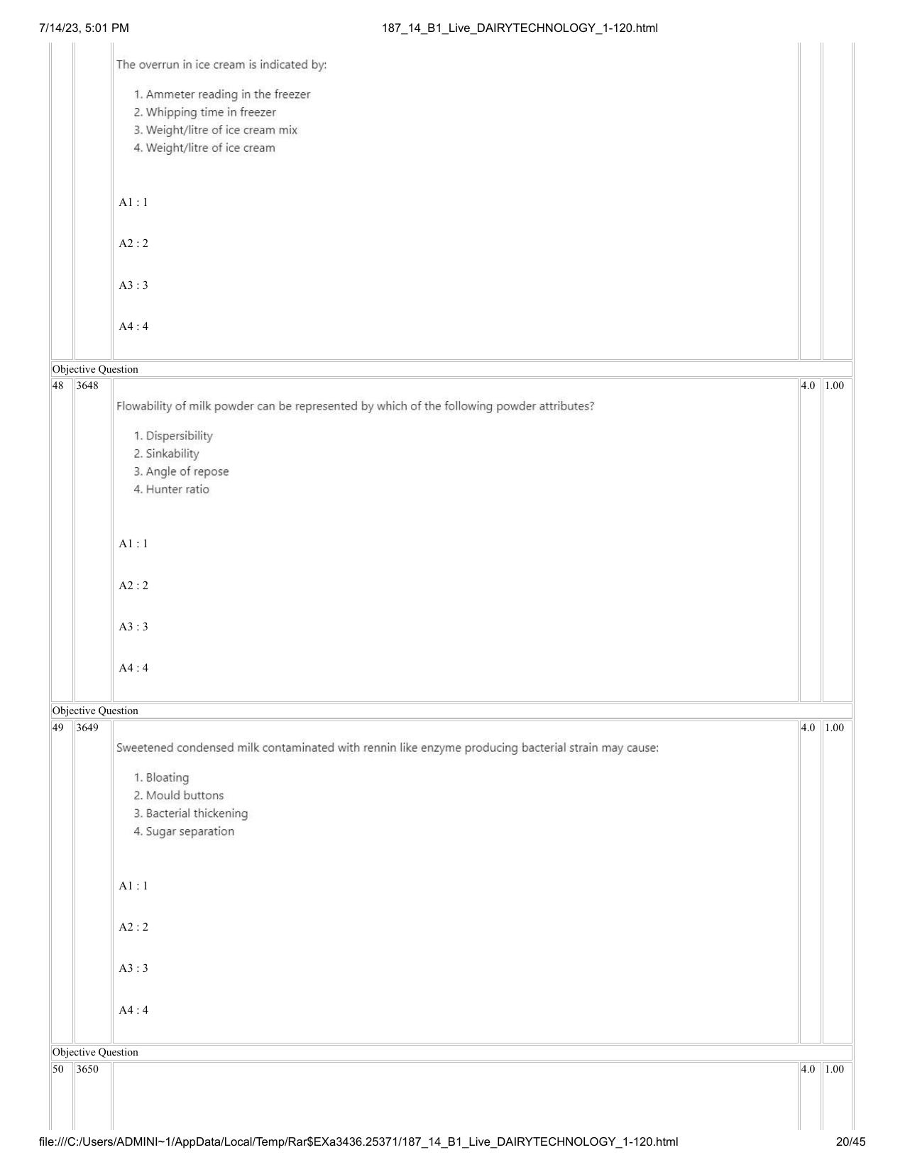 ICAR AIEEA PG 2023 DAIRY TECHNOLOGY Question Paper- 14 July 2023 - Page 20