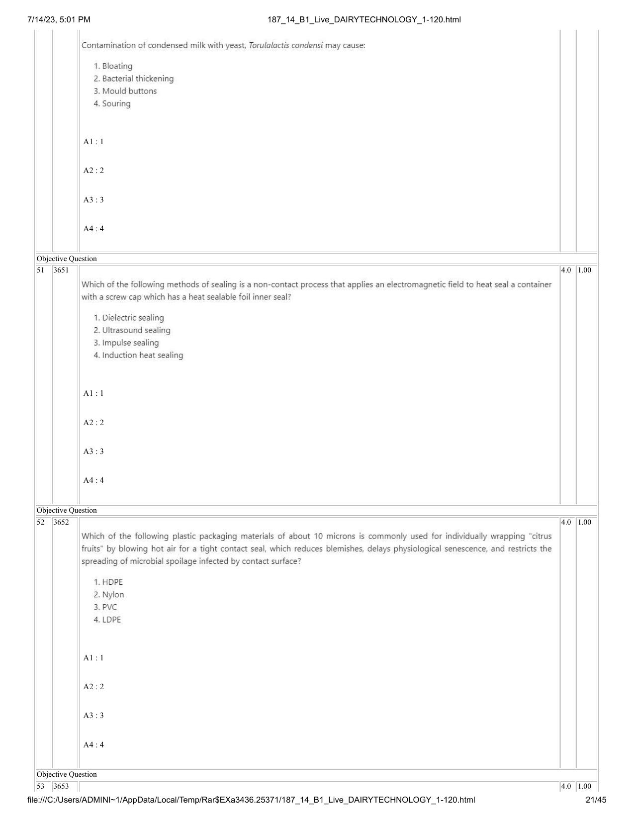 ICAR AIEEA PG 2023 DAIRY TECHNOLOGY Question Paper- 14 July 2023 - Page 21
