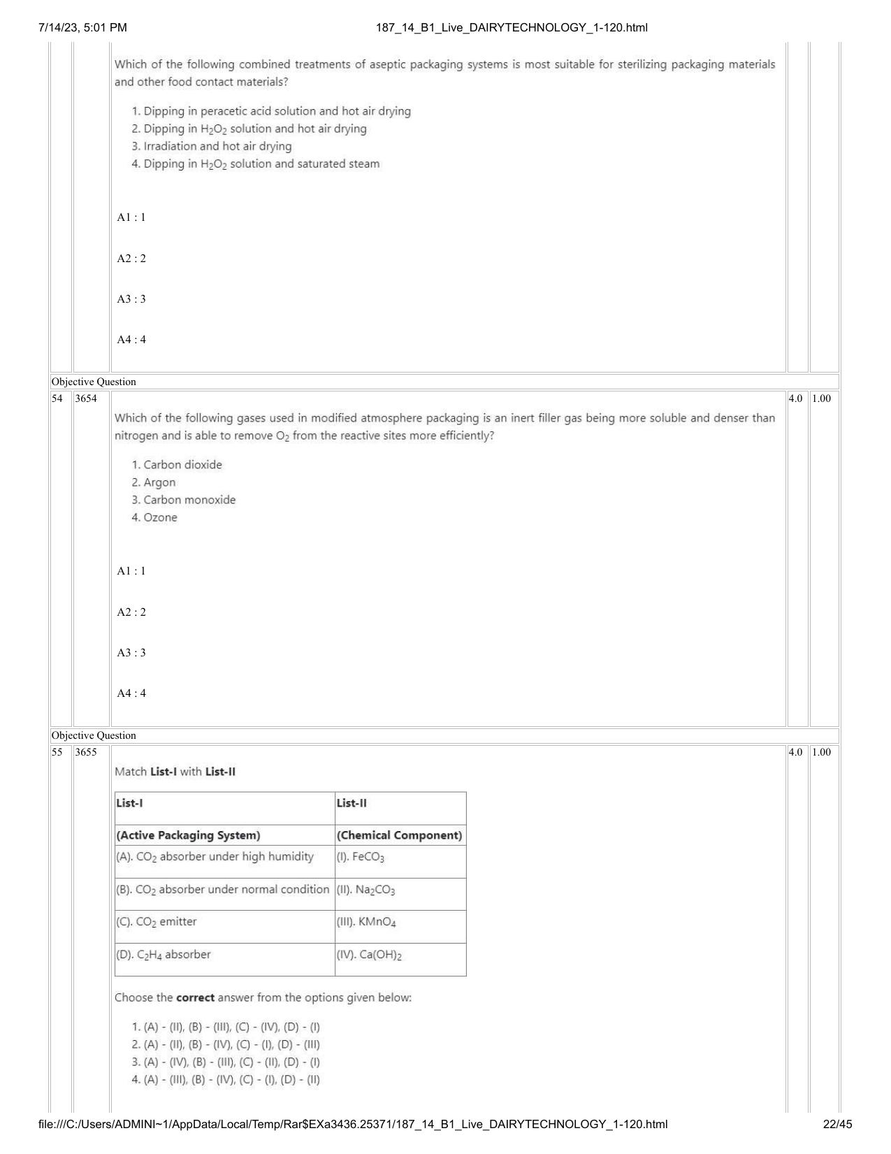 ICAR AIEEA PG 2023 DAIRY TECHNOLOGY Question Paper- 14 July 2023 - Page 22