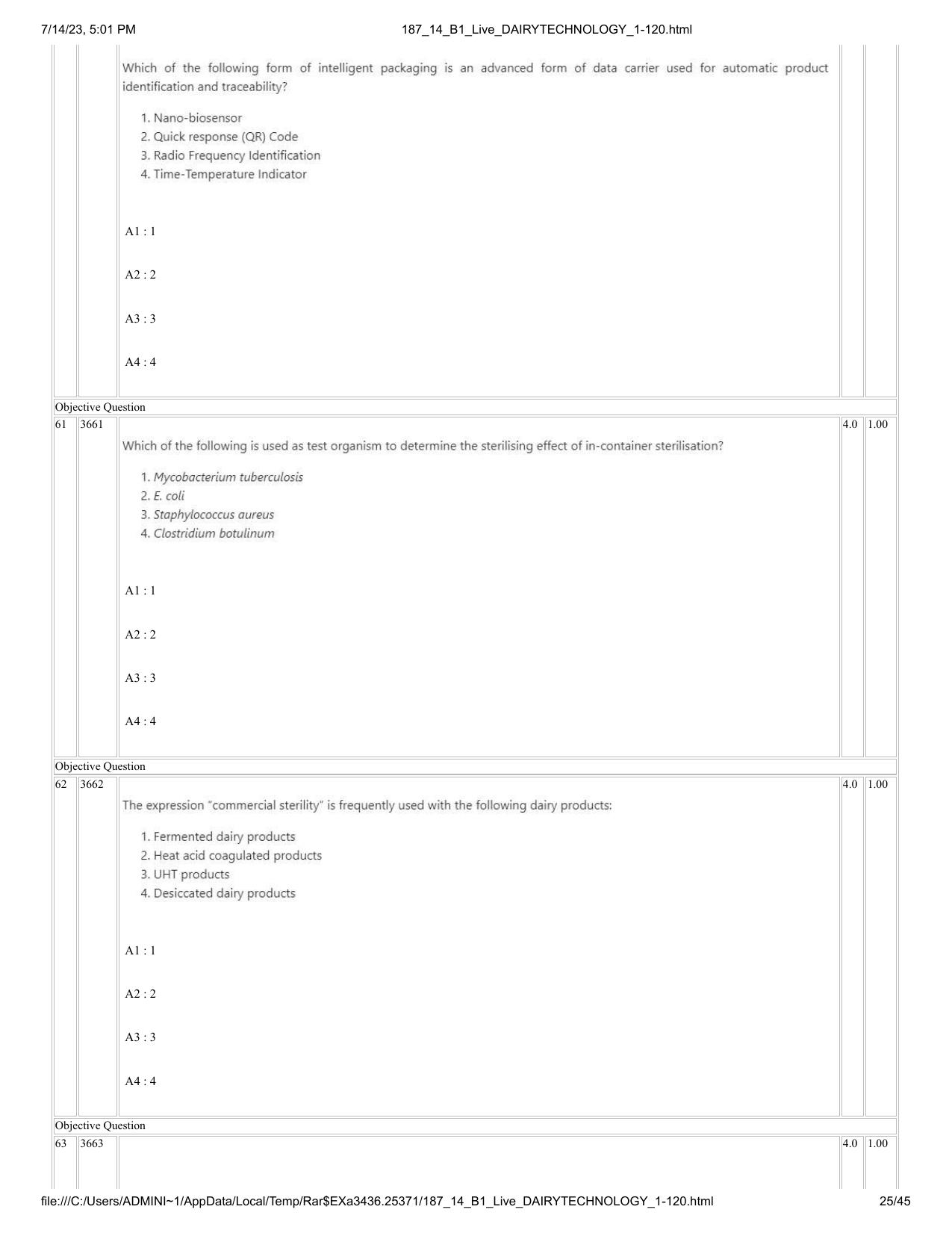 ICAR AIEEA PG 2023 DAIRY TECHNOLOGY Question Paper- 14 July 2023 - Page 25