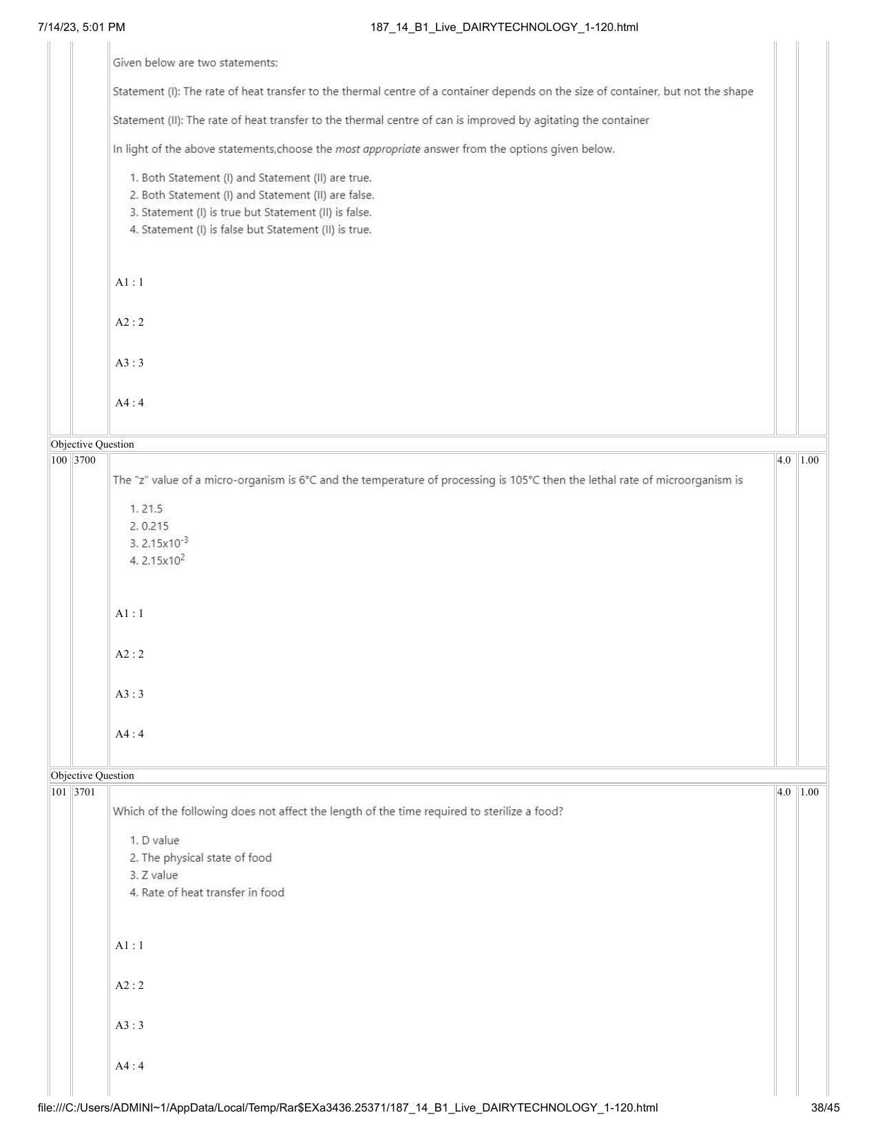 ICAR AIEEA PG 2023 DAIRY TECHNOLOGY Question Paper- 14 July 2023 - Page 38