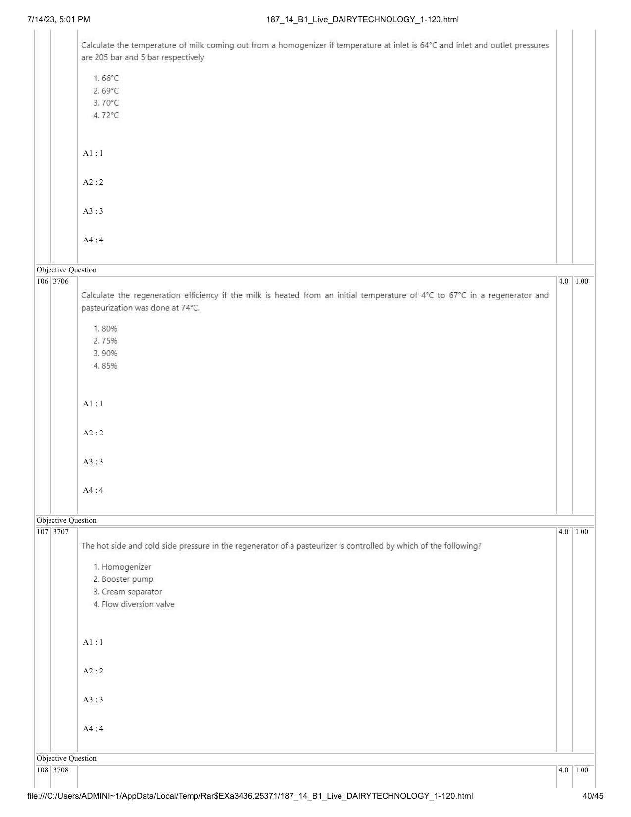 ICAR AIEEA PG 2023 DAIRY TECHNOLOGY Question Paper- 14 July 2023 - Page 40