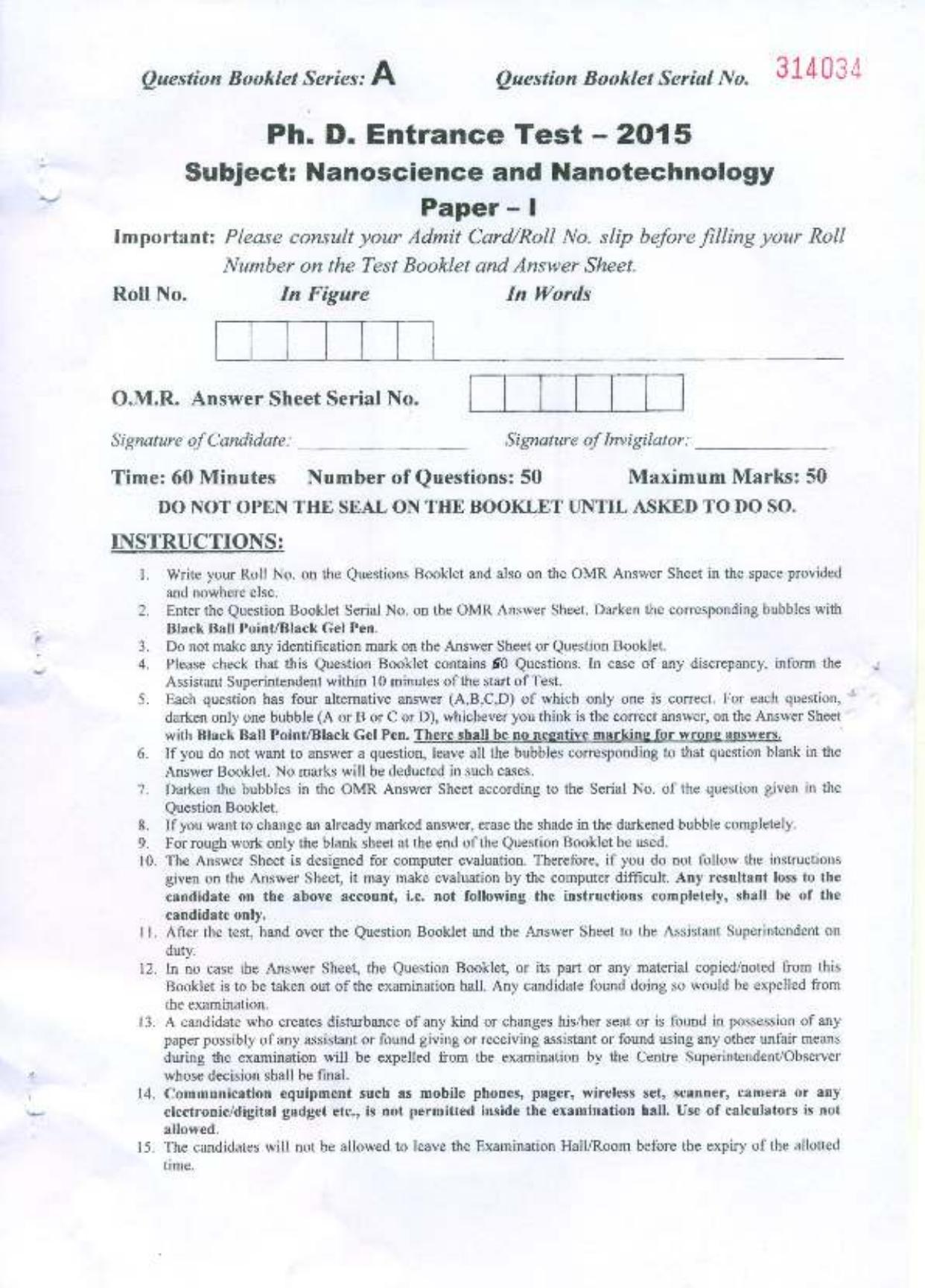PU MPET Nano Science and Nano Technology 2015 Question Paper - Page 1