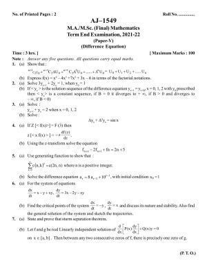 Bilaspur University Question Paper 2021-2022:M.Sc (Final) Mathematics  Difference Equations Paper 1