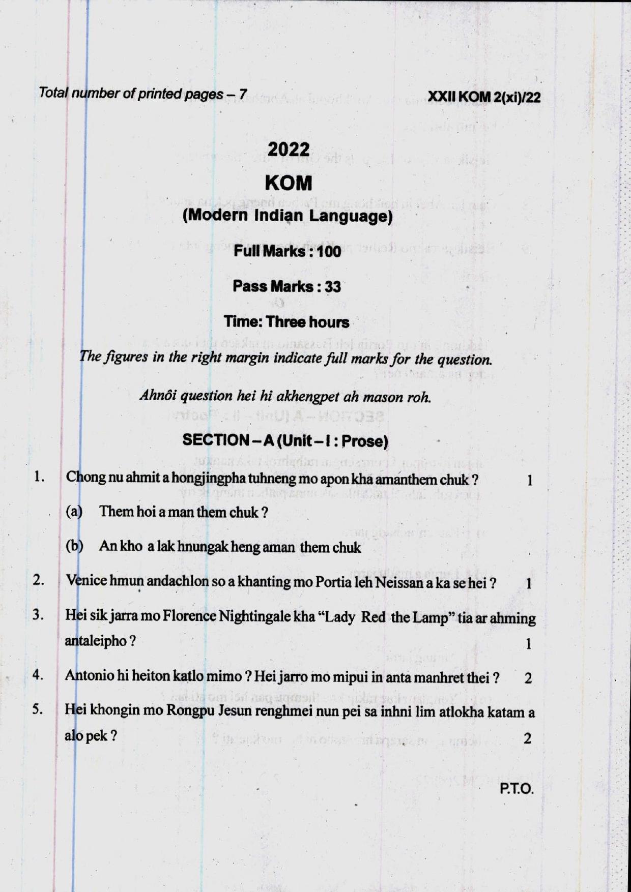 COHSEM 12th Question Papers 2022 Kom (M.I.L.) - Page 1