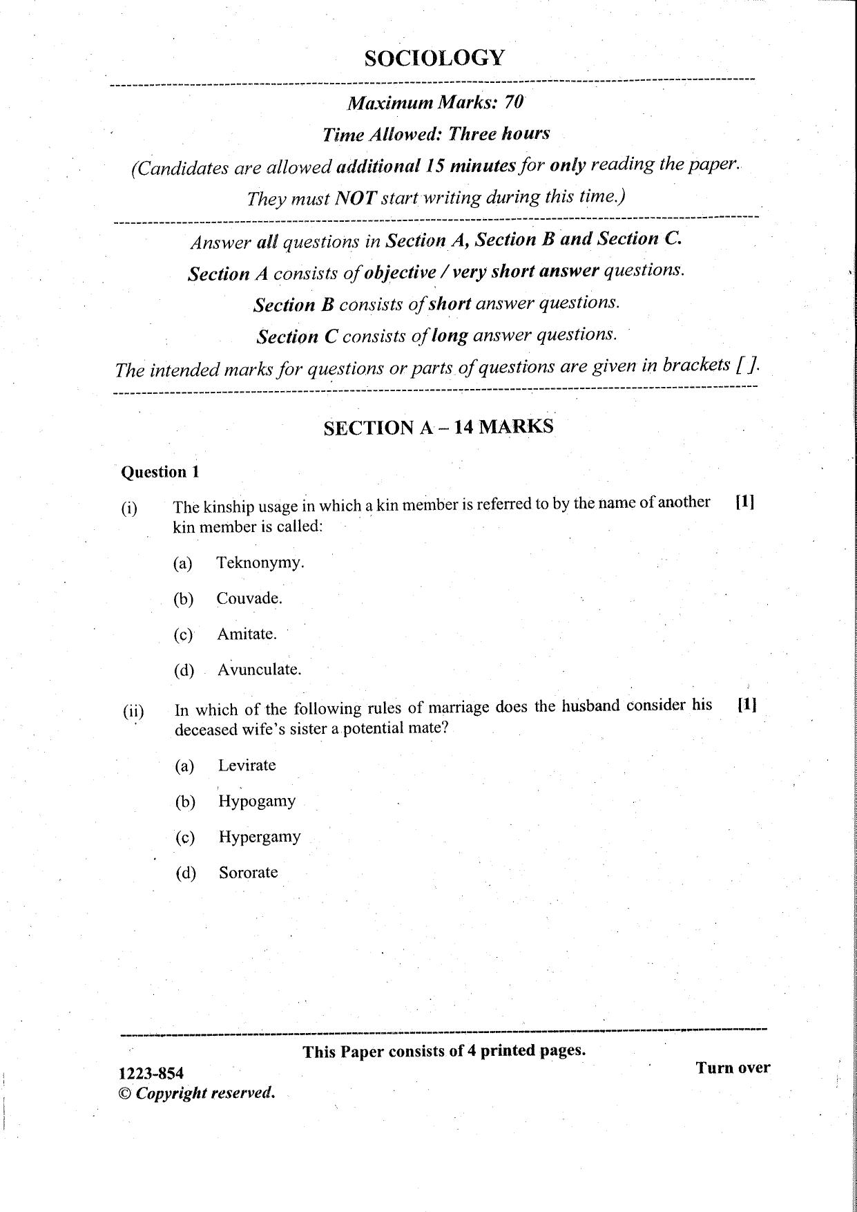 ISC Class 12 Sociology 2023 Question Paper - Page 1