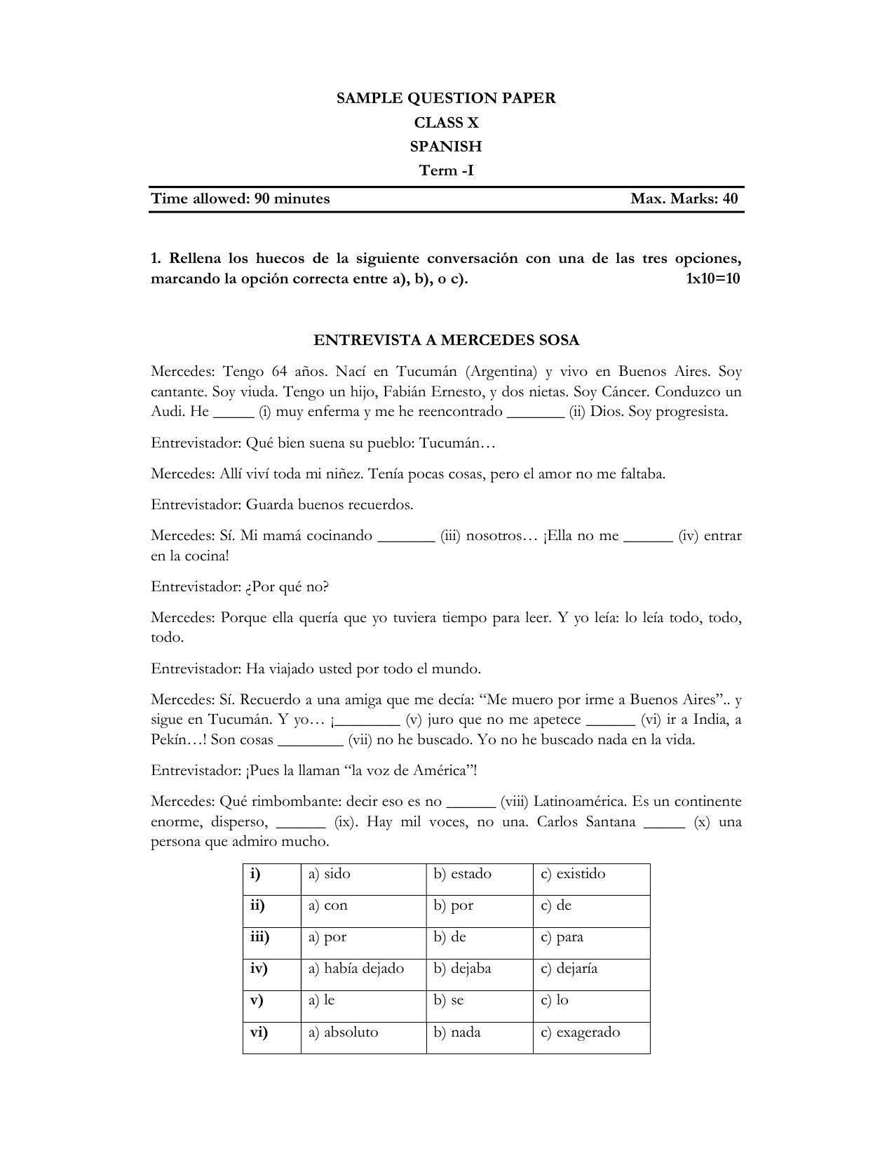 CBSE Class 10 Spanish Sample Paper 2021-22 - Page 1