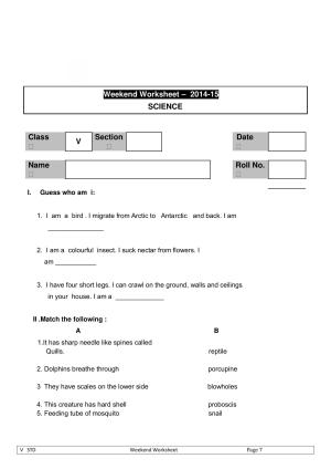 Worksheet for Class 5 Science Assignment 20