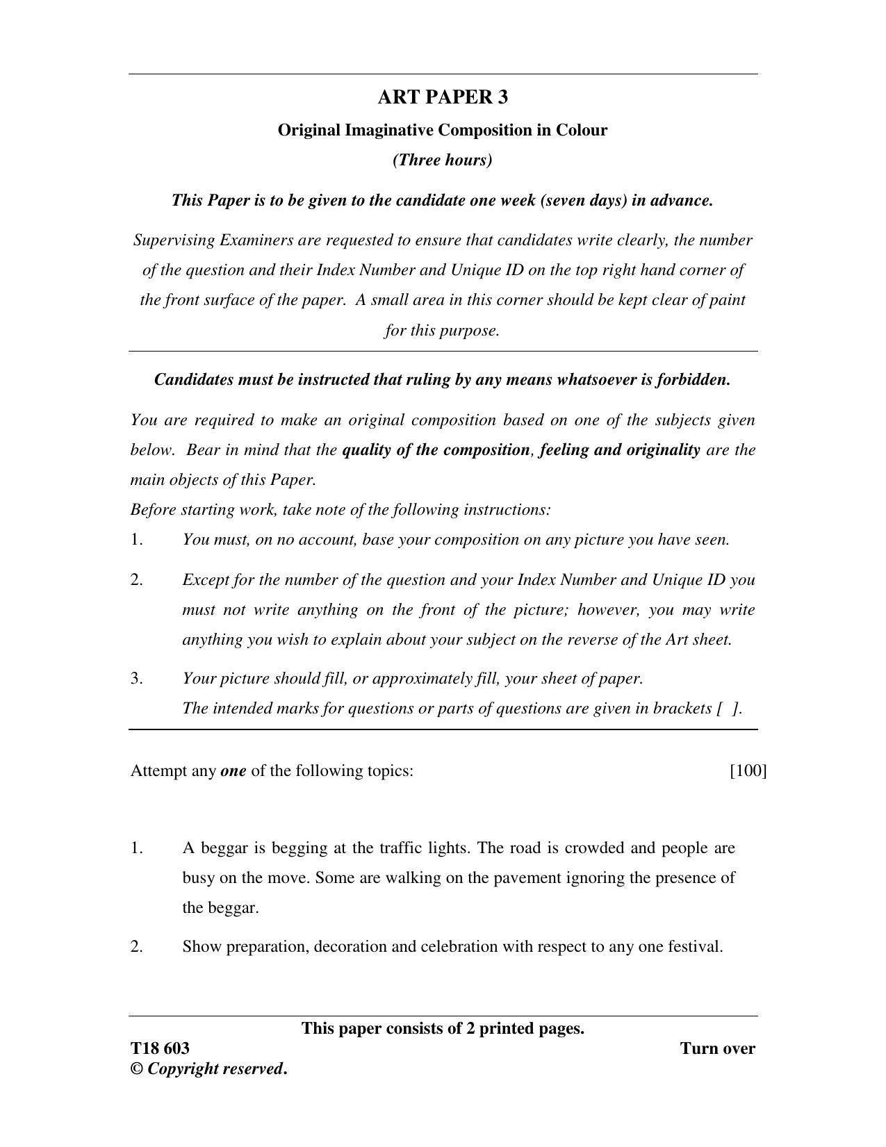 ICSE Class 10 Art Paper 3 (Original Imaginative Composition in Colour) 2018 Question Paper - Page 1