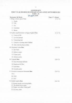 Kerala Plus One (Class 11th) Part-II Latin Answer Key 2021