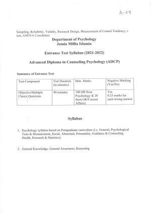 JMI Entrance Exam A09-Advance Diploma in Counselling Psychology (Self Finance) Syllabus