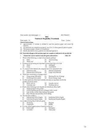 Nagaland Board Class 10 Tourism and hospatility 2021 Question Paper