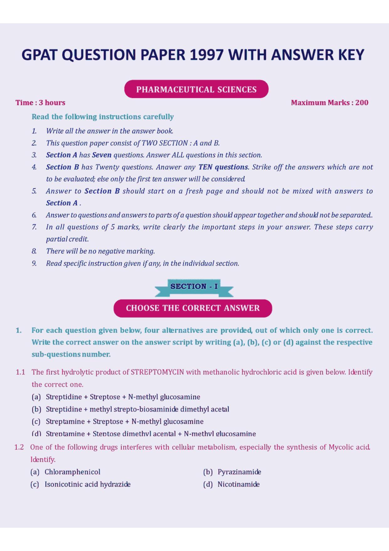 GPAT 1997 Question Paper with Answer Key - Page 1