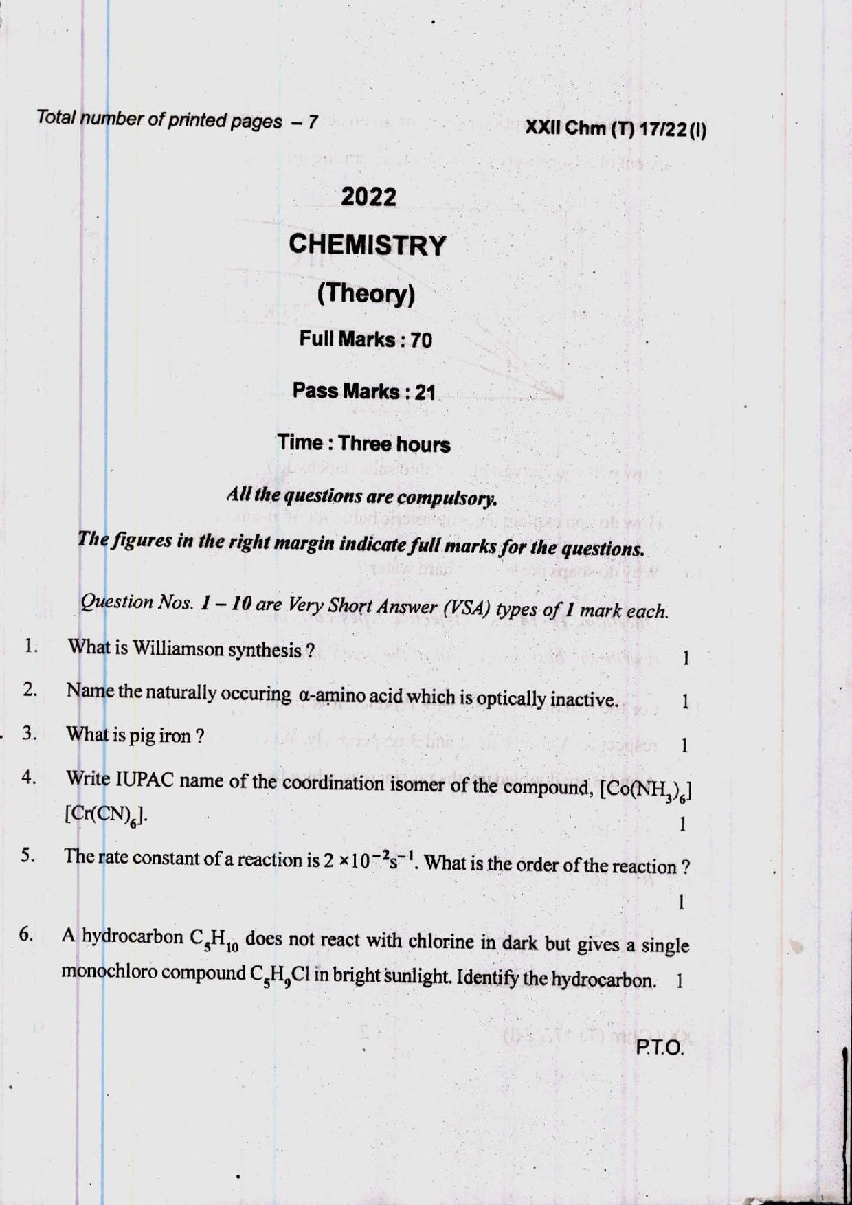 COHSEM 12th Question Papers Improvement 2022 Chemistry - Page 1
