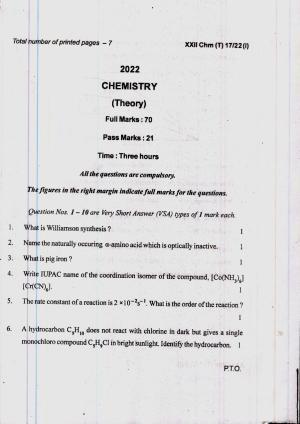 COHSEM 12th Question Papers Improvement 2022 Chemistry