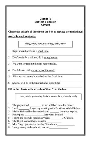 Worksheet for Class 4 English Assignment 128 Adverb