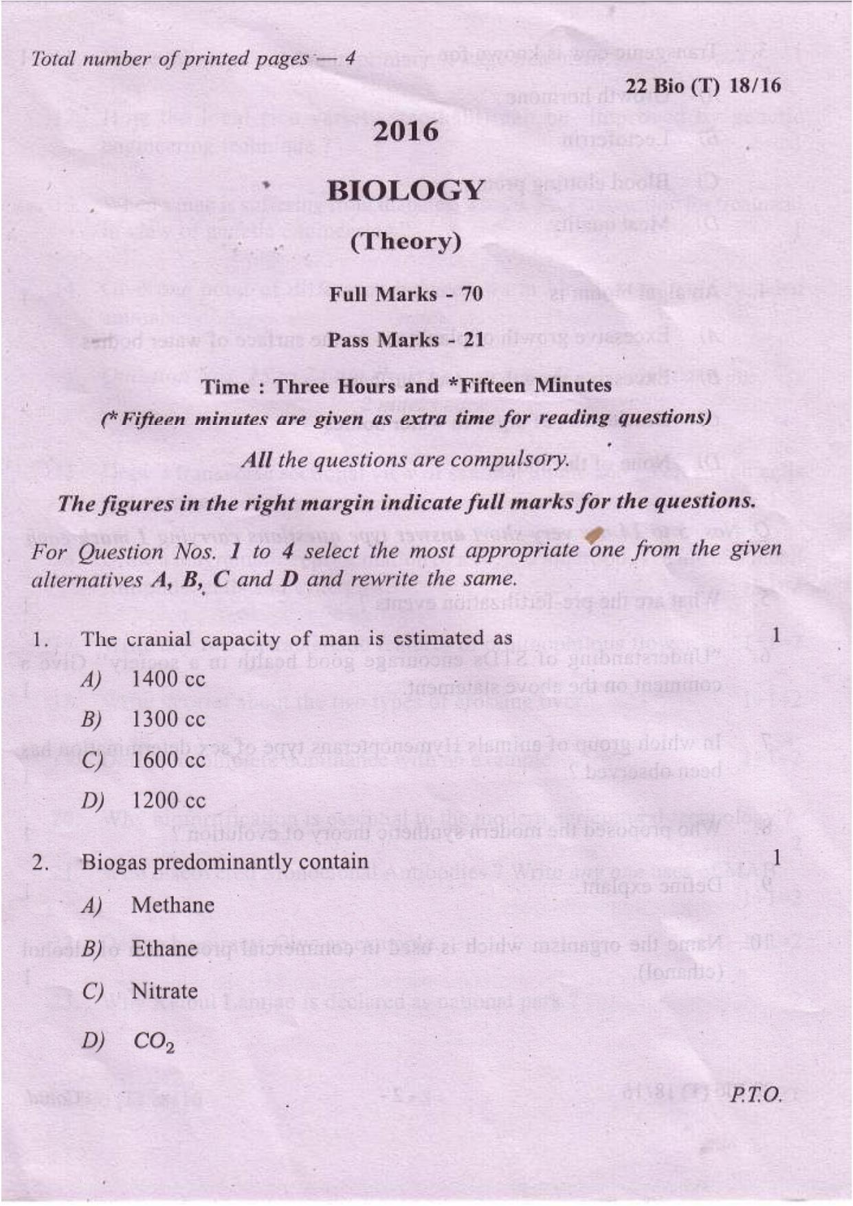 COHSEM Class 12 Biology 2016 Question Papers - Page 1