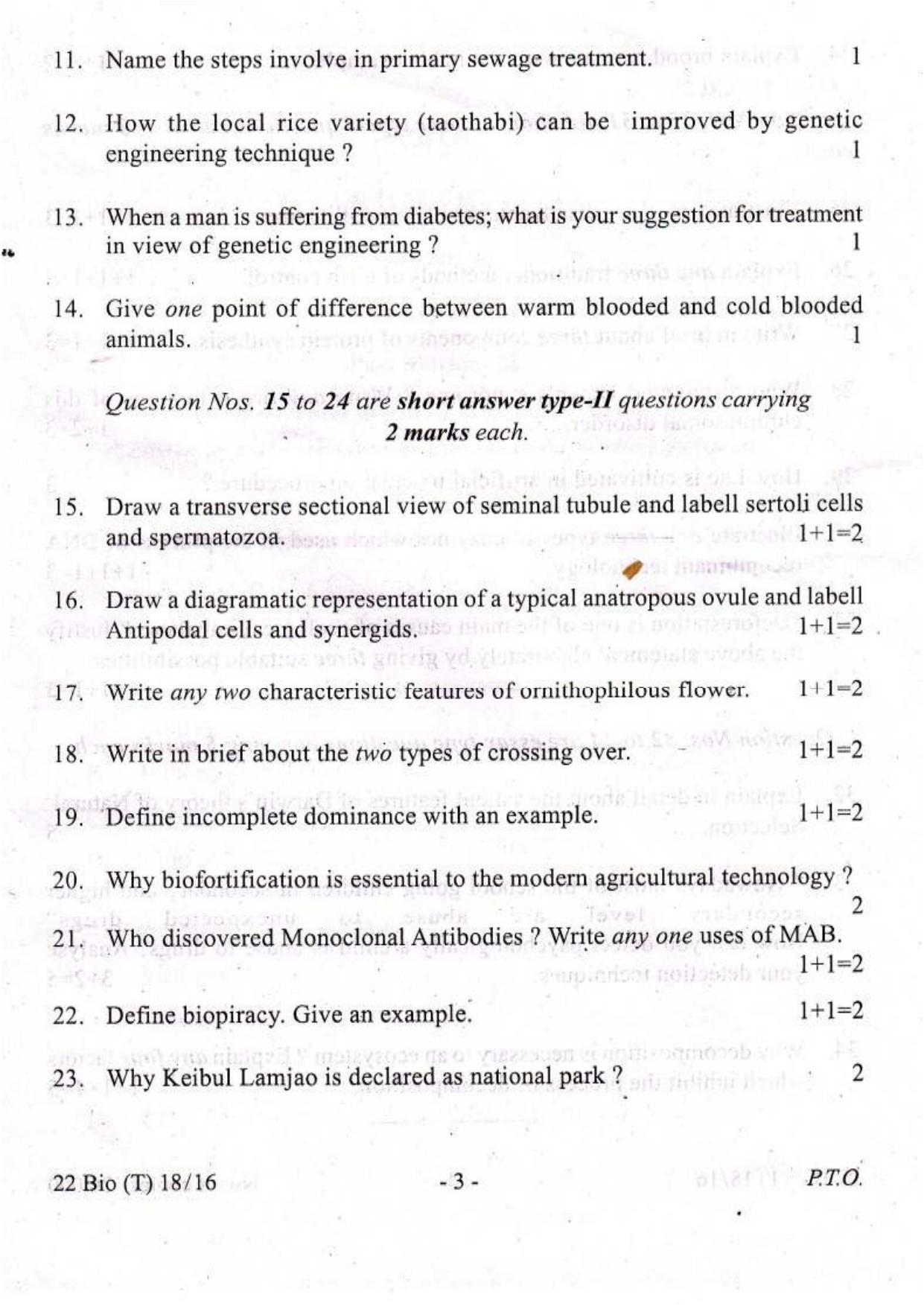 COHSEM Class 12 Biology 2016 Question Papers - Page 3