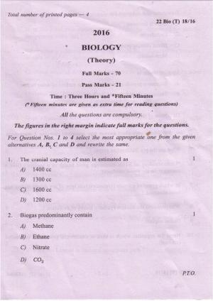 COHSEM Class 12 Biology 2016 Question Papers