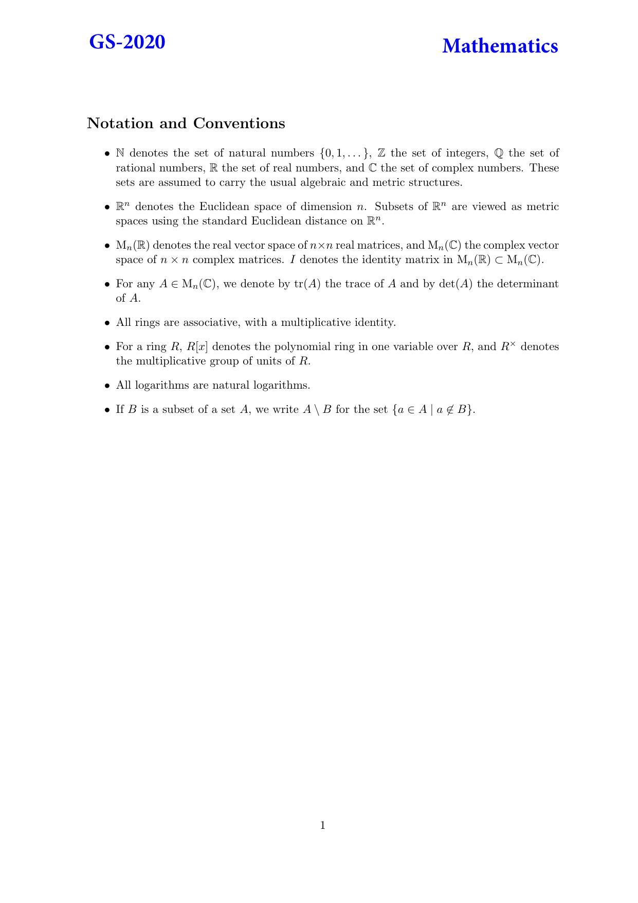 TIFR GS 2020 Mathematics Question Paper - Page 1