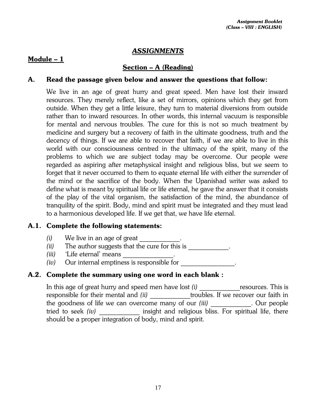 CBSE Worksheets for Class 8 English Assignment 9 - Page 1