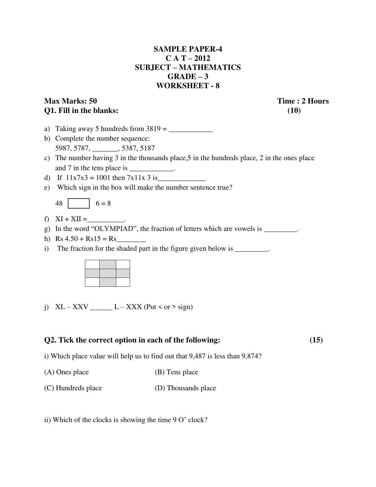 Worksheet for Class 3 Mathematics Practice Test Assignment 5 - Page 1