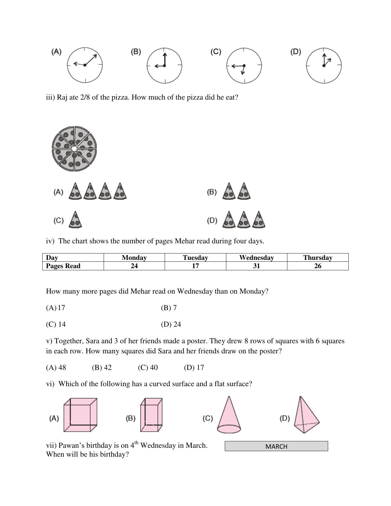 Worksheet for Class 3 Mathematics Practice Test Assignment 5 - Page 2