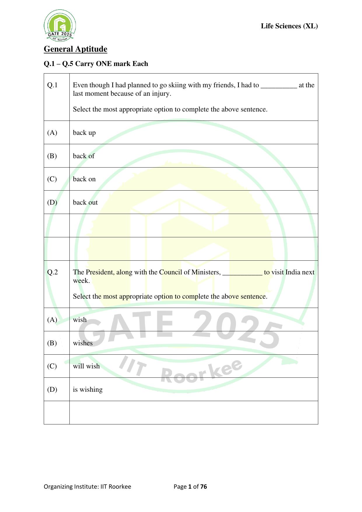 GATE 2025 Life Sciences (XL) Question Paper - Page 1