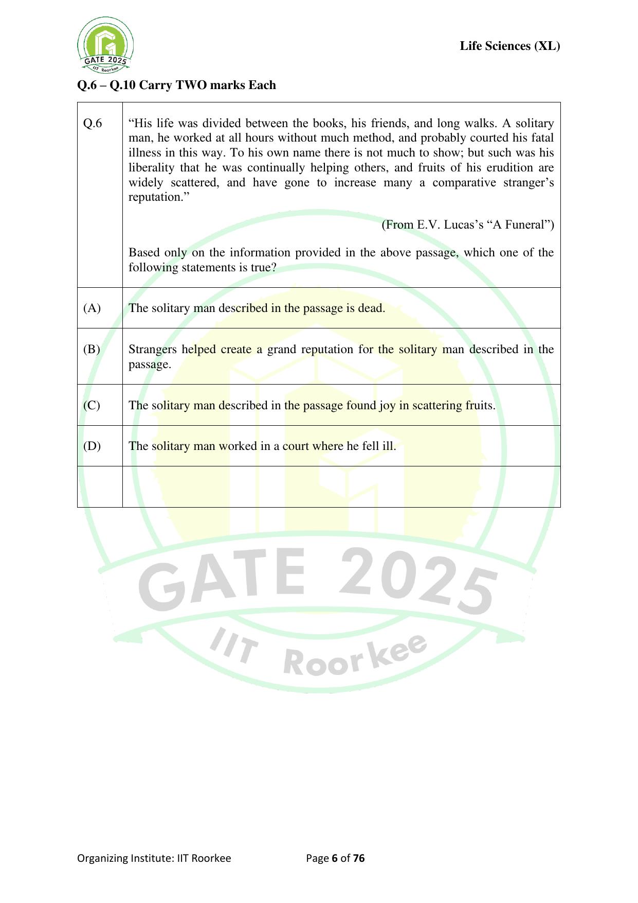 GATE 2025 Life Sciences (XL) Question Paper - Page 6