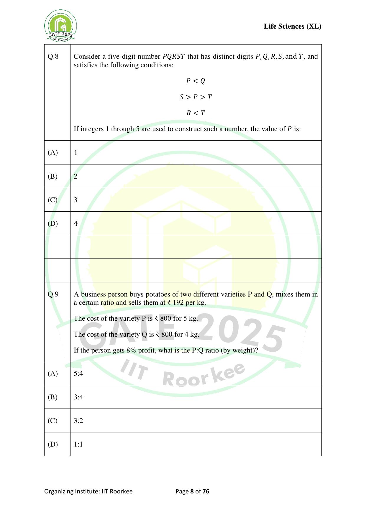 GATE 2025 Life Sciences (XL) Question Paper - Page 8