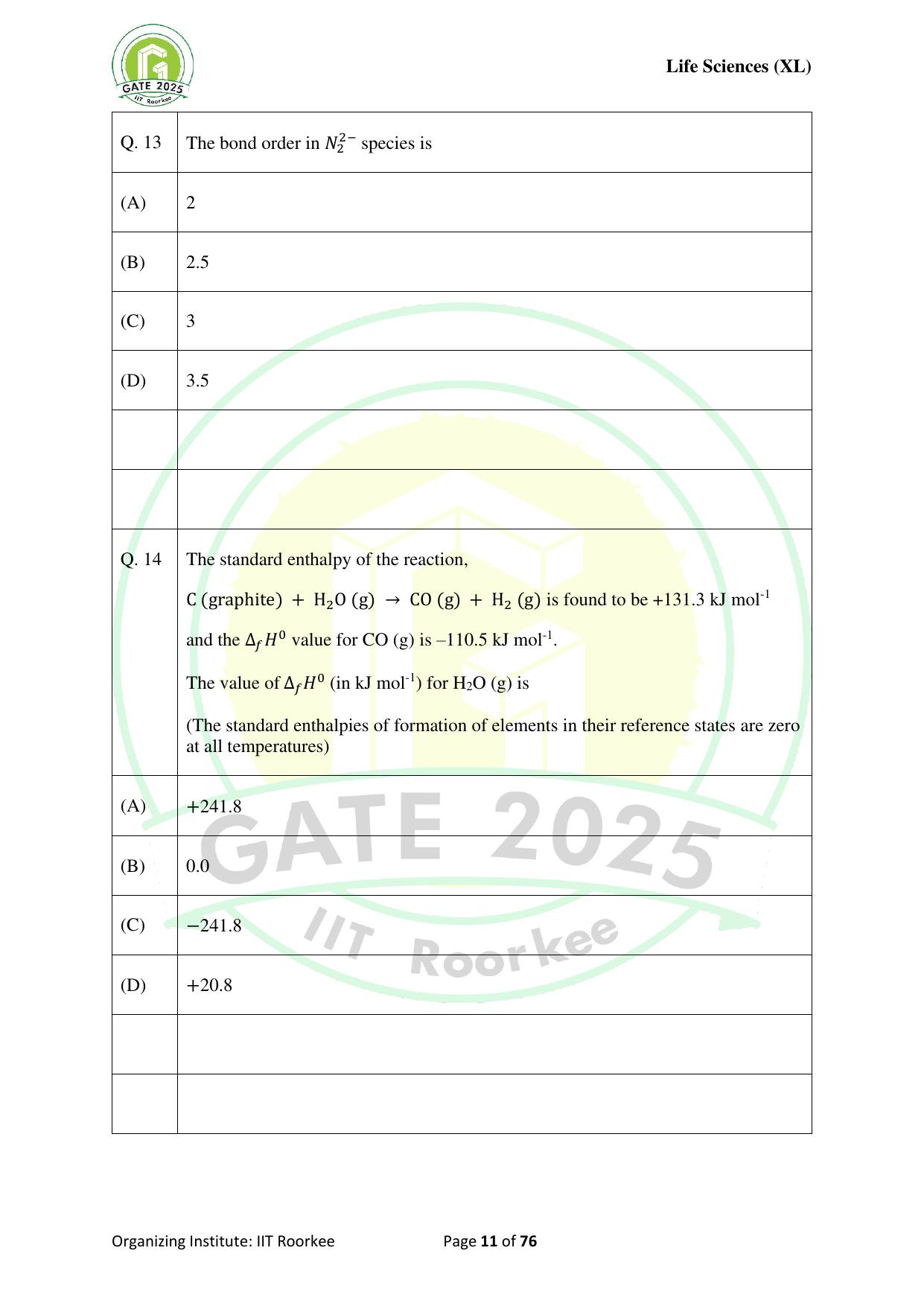 GATE 2025 Life Sciences (XL) Question Paper - Page 11
