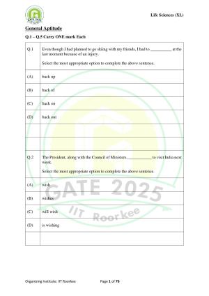 GATE 2025 Life Sciences (XL) Question Paper