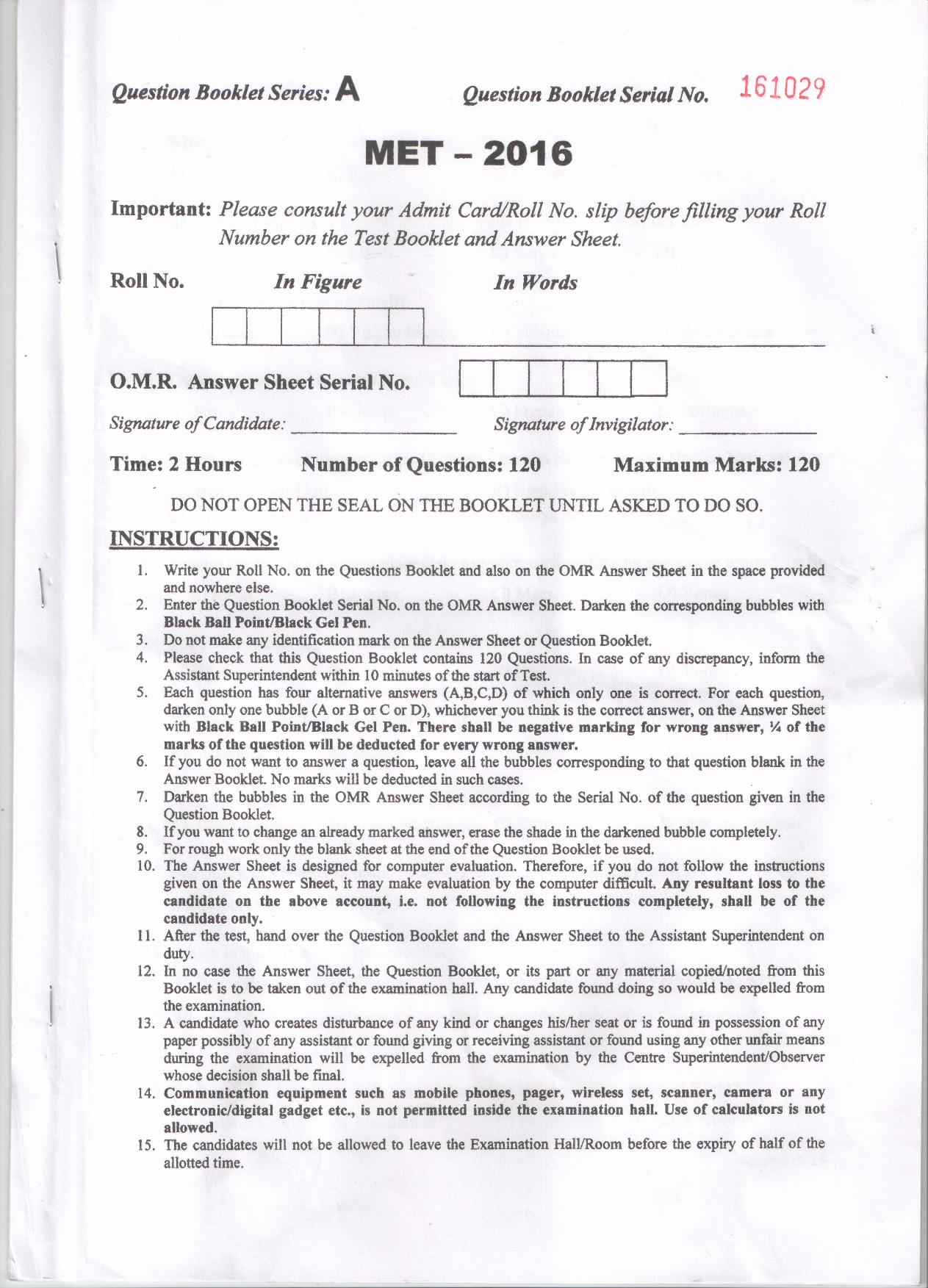 PU MET 2016 Question Booklet with Key - Page 1