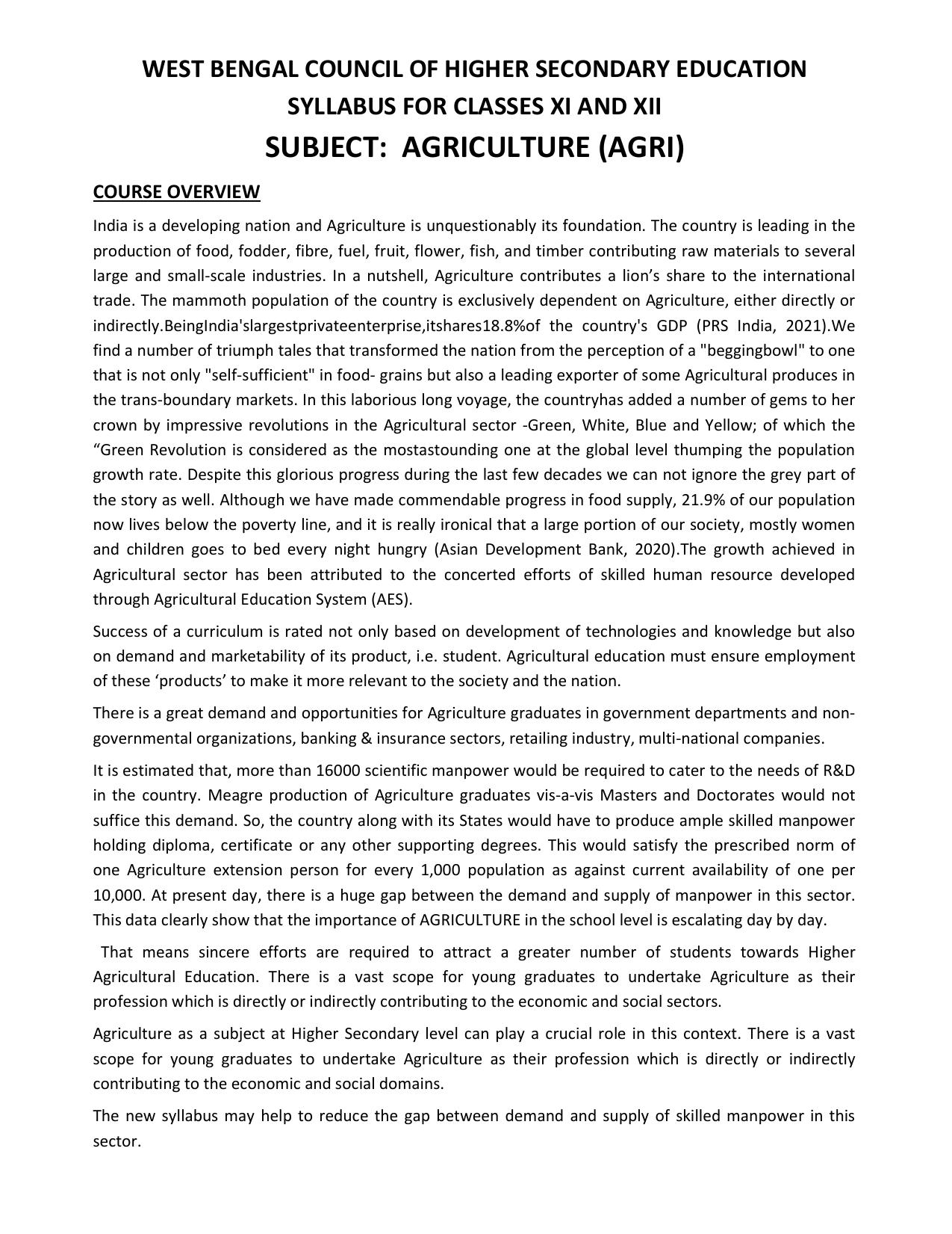 WBCHSE Class 11 & 12 Syllabus for Agriculture(AGRI) (SET I) - Page 1