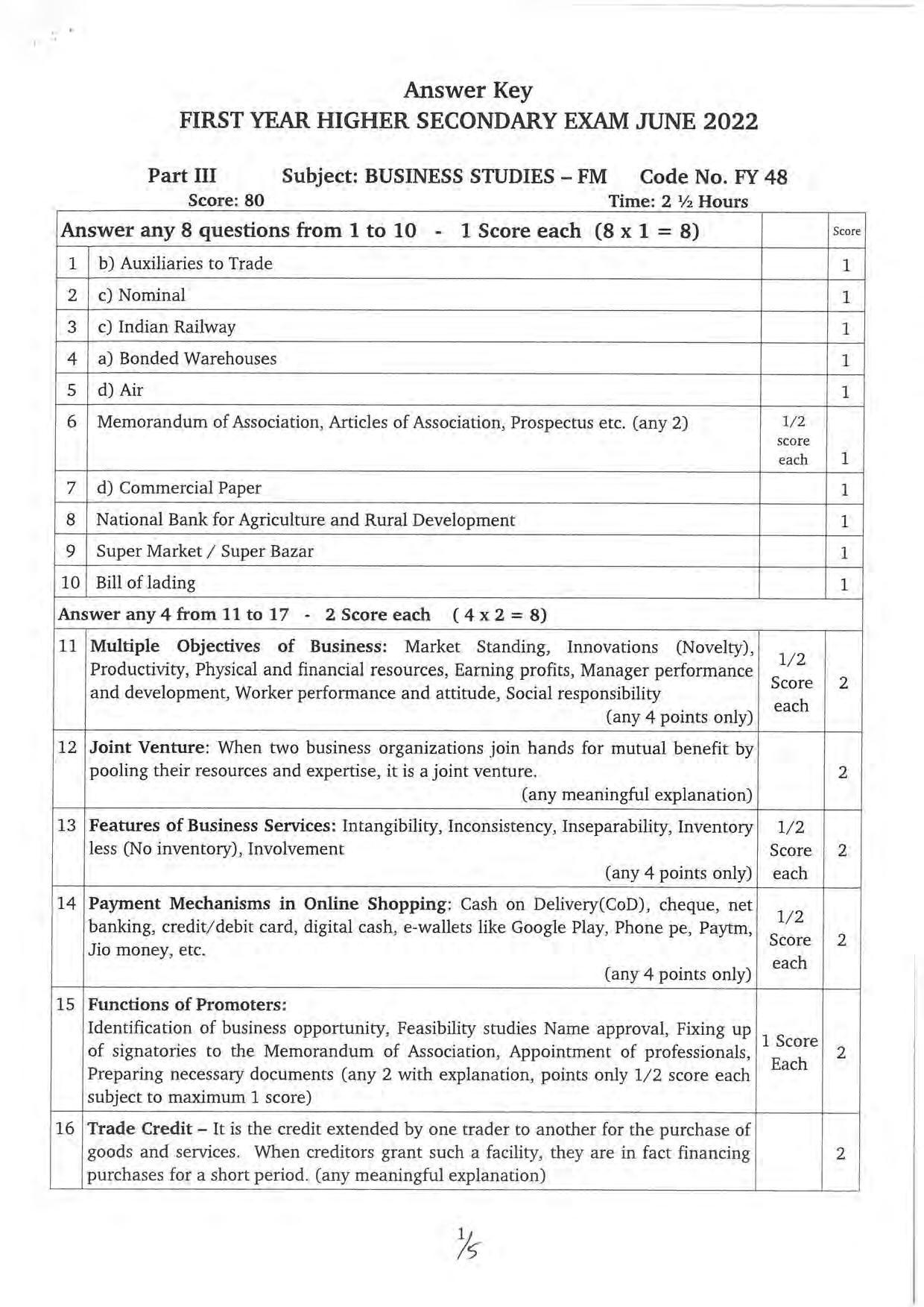 Kerala Plus One 2022 Business Studies Answer Key (FM) - Page 1