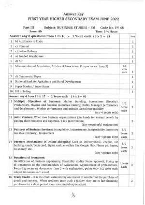 Kerala Plus One 2022 Business Studies Answer Key (FM)