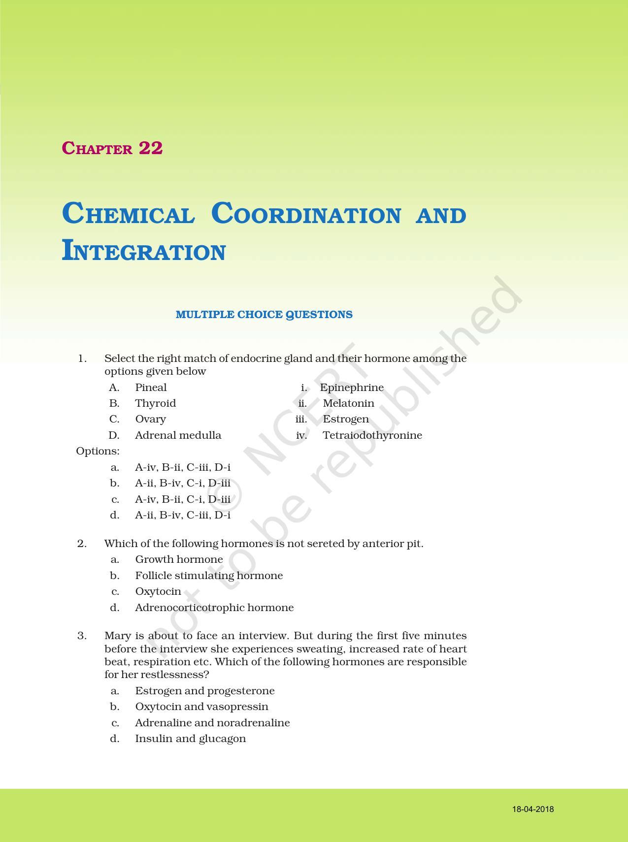 NCERT Exemplar Book for Class 11 Biology: Chapter 22 Chemical Coordination and Integration - Page 1